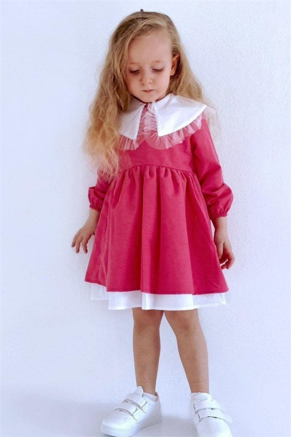 Fuşya Astarlı Yakalı Elbise