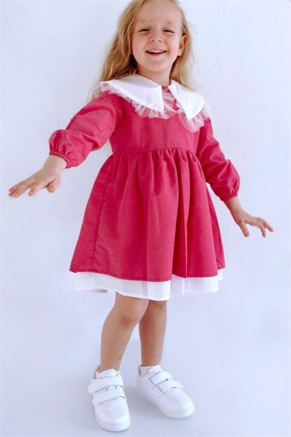 Fuşya Astarlı Yakalı Elbise