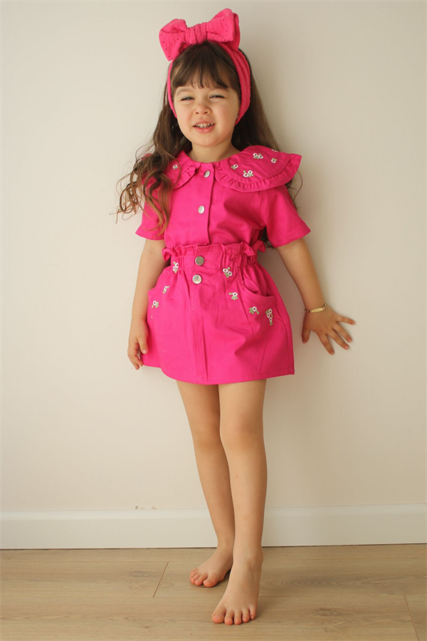 Fuşya Denim Etek Takım