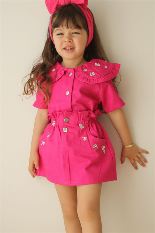 Fuşya Denim Etek Takım