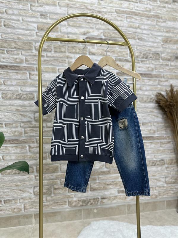 Geometrik Gri Çıtçıtlı Şort Takım