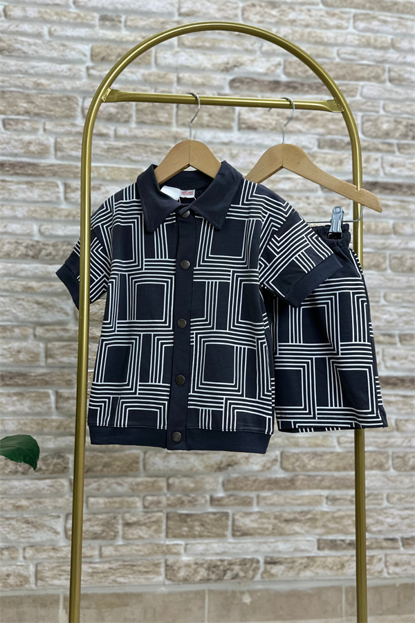 Geometrik Gri Çıtçıtlı Şort Takım