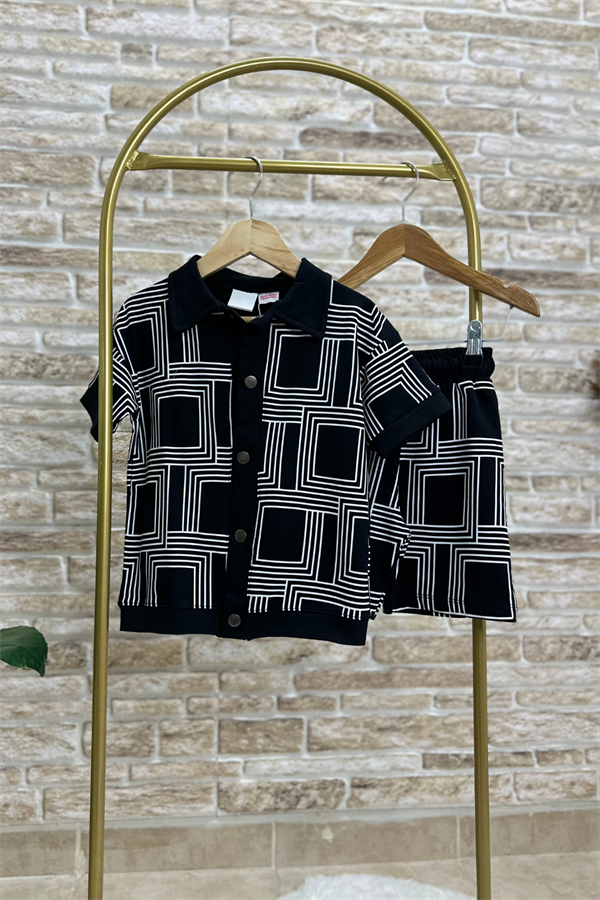 Geometrik Siyah Çıtçıtlı Şort Takım