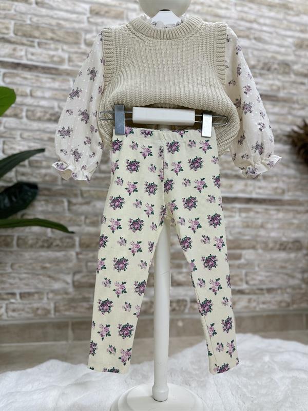 Gömlek Detaylı Triko Çiçekli Ekru Tayt Takım