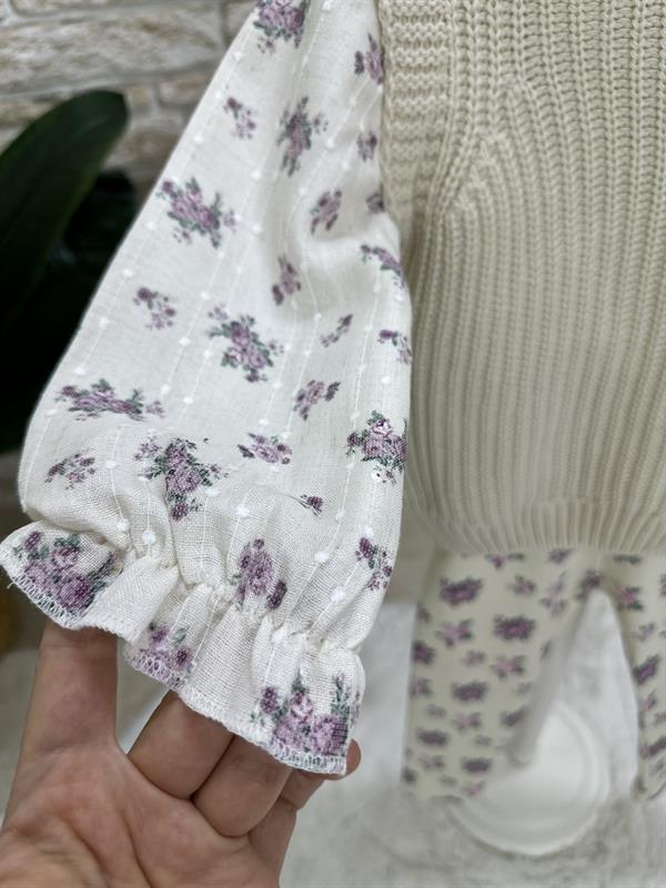 Gömlek Detaylı Triko Çiçekli Ekru Tayt Takım