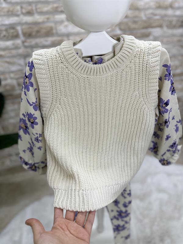 Gömlek Detaylı Triko Çiçekli Lila Tayt Takım