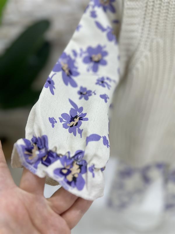 Gömlek Detaylı Triko Çiçekli Lila Tayt Takım