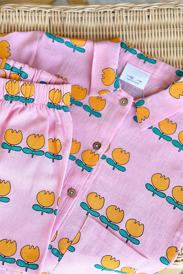 Gömlekli Pembe Lale Baskı Şort Takım