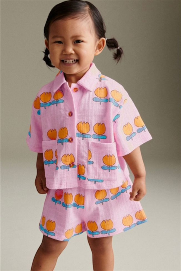 Gömlekli Pembe Lale Baskı Şort Takım