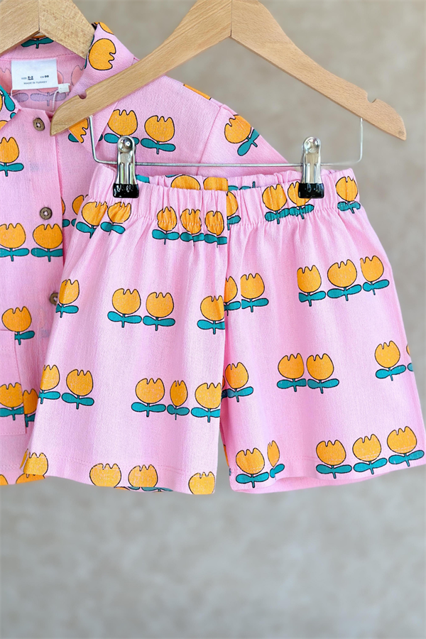 Gömlekli Pembe Lale Baskı Şort Takım