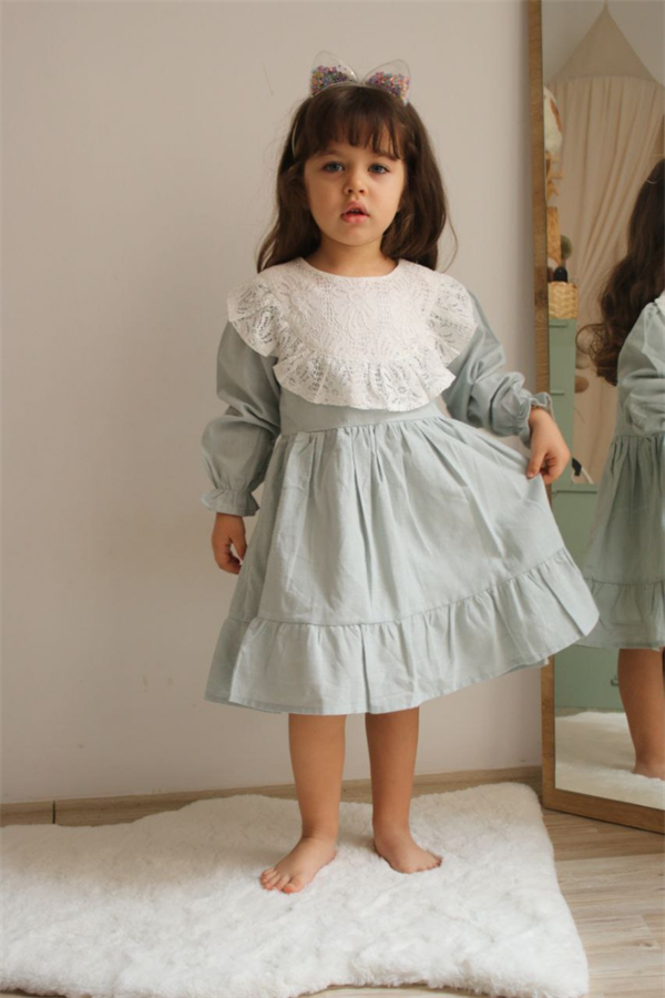 Kız Çocuk Güpür Detaylı Mint Elbise