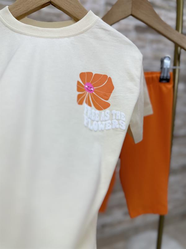 Kabartma Baskı Krem Oranj Biker Penye Tayt Takım