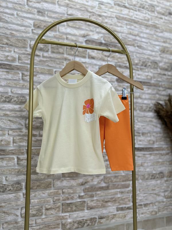 Kabartma Baskı Krem Oranj Biker Penye Tayt Takım