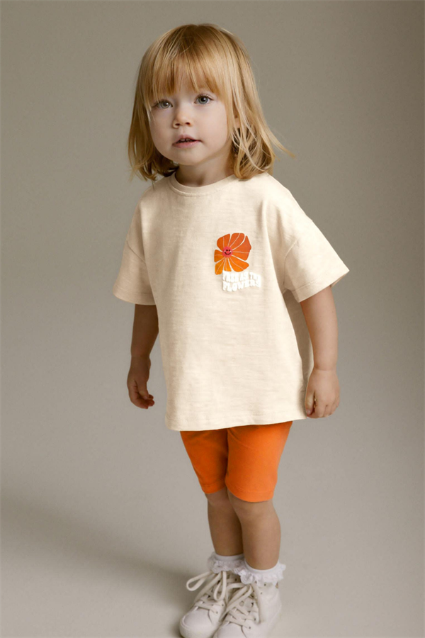 Kabartma Baskı Krem Oranj Biker Penye Tayt Takım