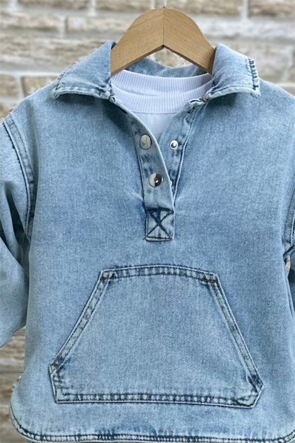 Unisex Kanguru Cepli Denim Sweat