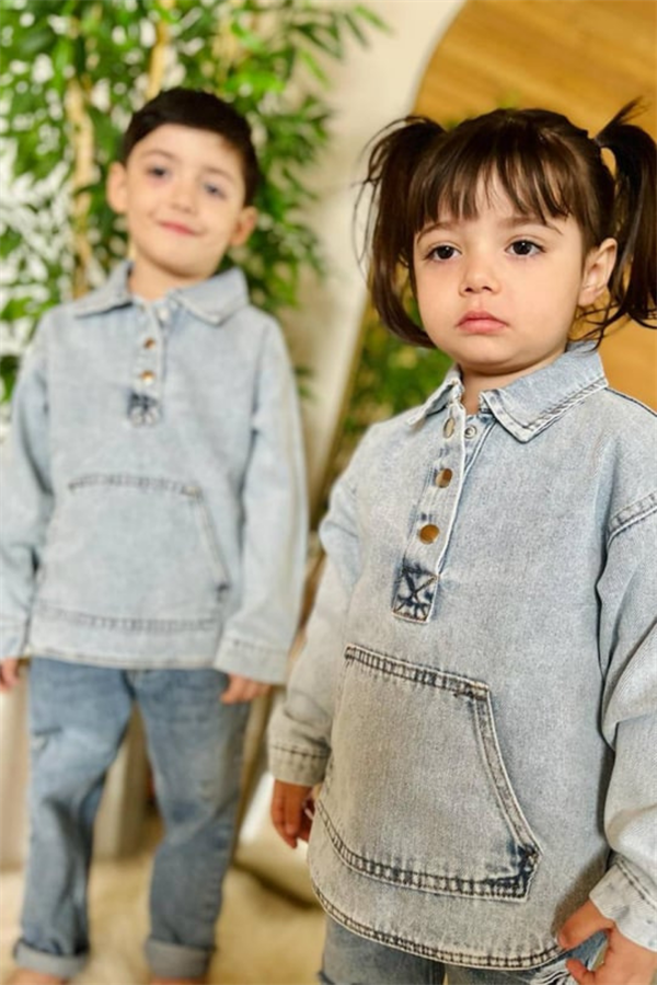 Unisex Kanguru Cepli Denim Sweat