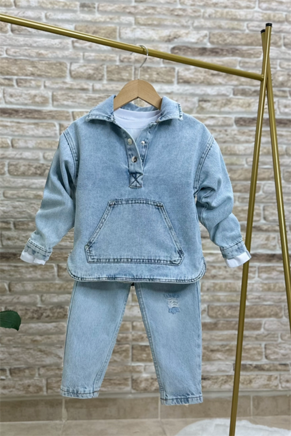 Unisex Kanguru Cepli Denim Sweat