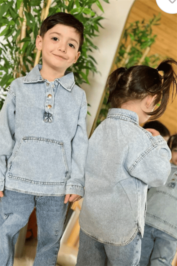 Unisex Kanguru Cepli Denim Sweat