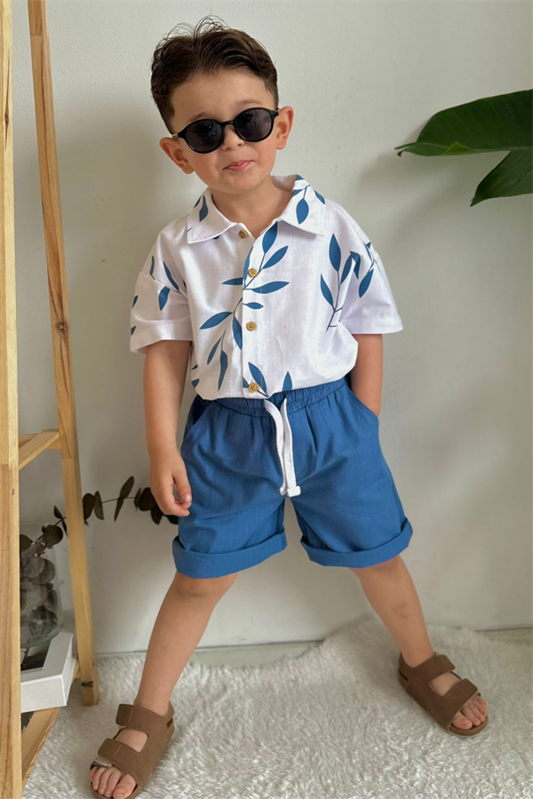 Keten Şortlu Gömlekli Lacivert Takım