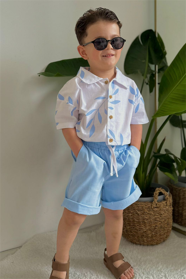 Keten Şortlu Gömlekli Mavi Takım