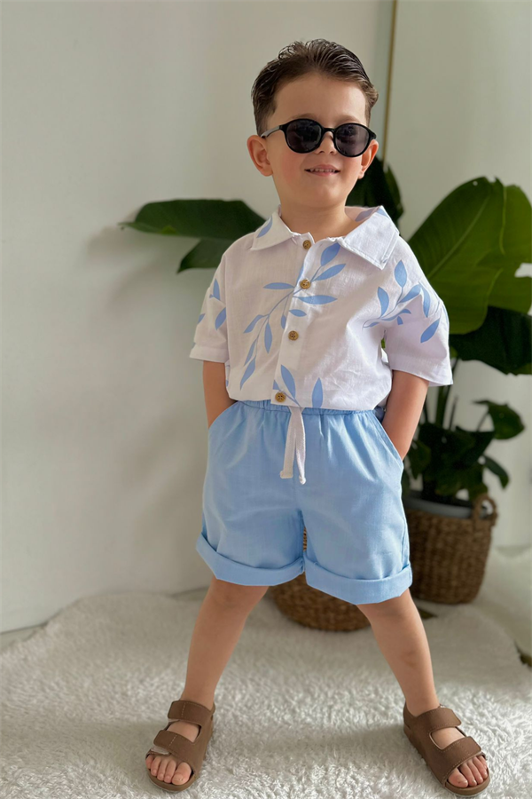 Keten Şortlu Gömlekli Mavi Takım