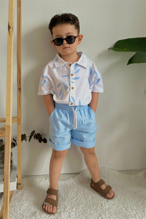 Keten Şortlu Gömlekli Mavi Takım