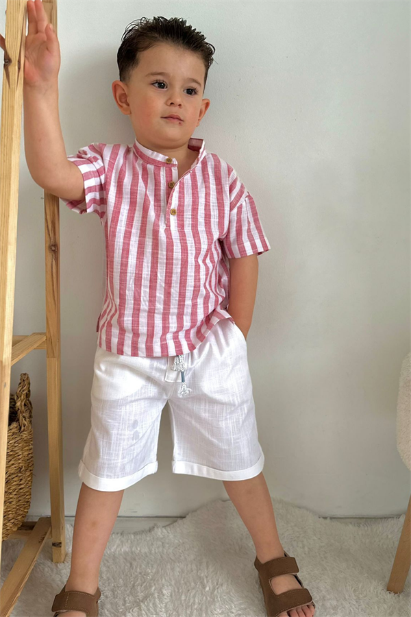 Kırmızı Keten Çizgili Şort Takım