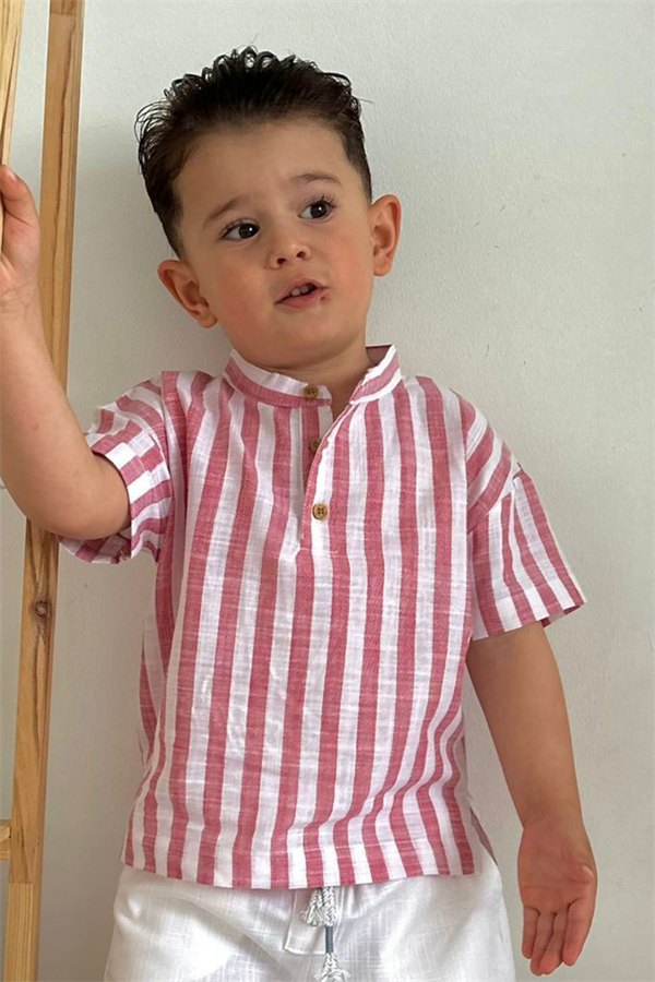 Kırmızı Keten Çizgili Şort Takım