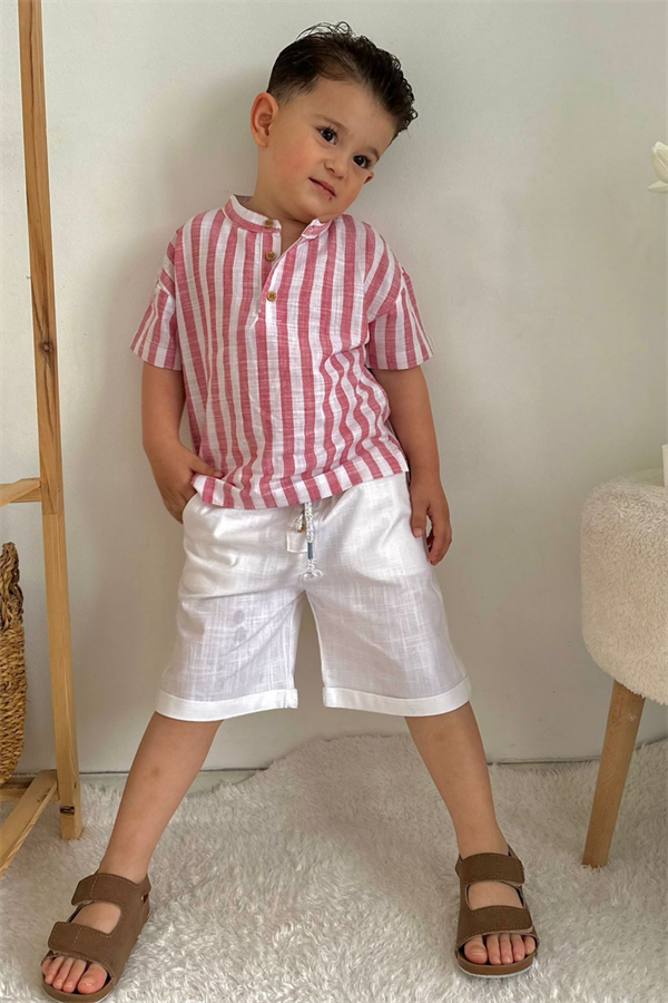 Kırmızı Keten Çizgili Şort Takım