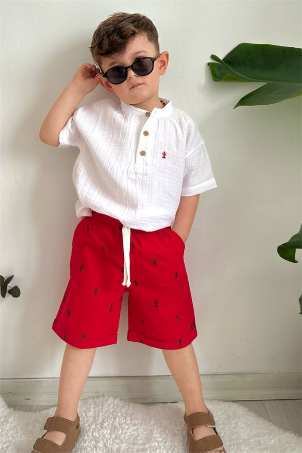 Kırmızılı Kaktüs Detaylı Şort Takım