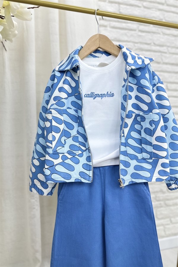 Kız 3lü Tshirt Dahil Dokuma Denim Mavi Takım