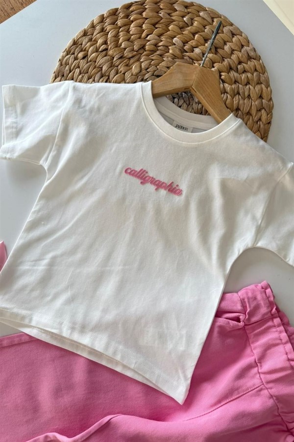 Kız 3lü Tshirt Dahil Dokuma Denim Pembe Takım