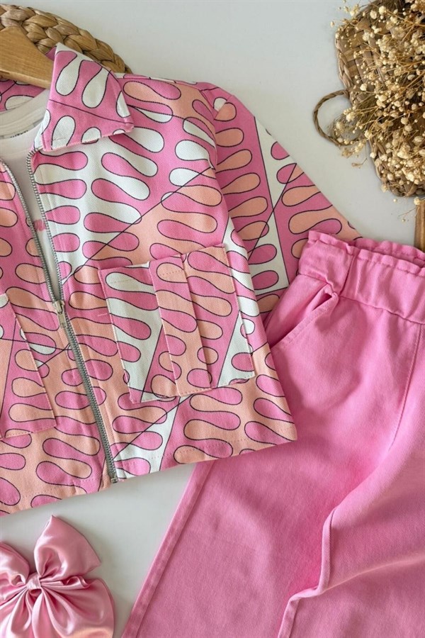 Kız 3lü Tshirt Dahil Dokuma Denim Pembe Takım