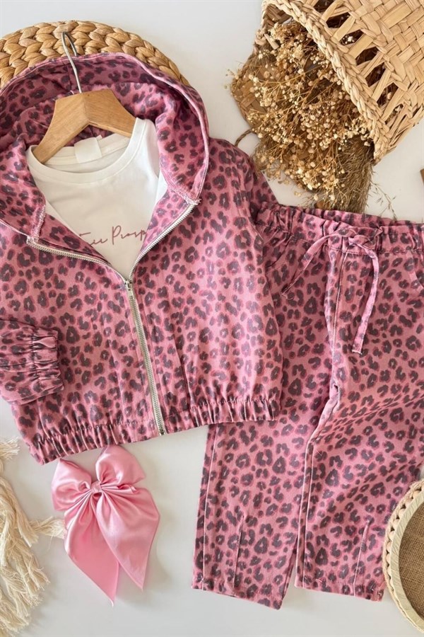 Kız 3lü Tshirt Dahil Leopar Denim Takım