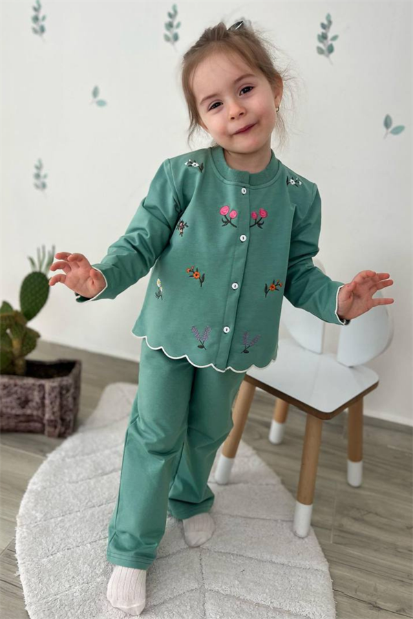 Kız Çocuk 2 İplik Çiçekli Nakışlı Yeşil Takım