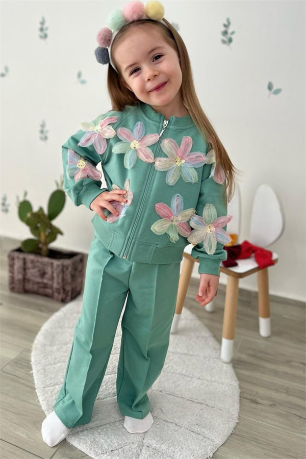 Kız Çocuk 2 İplik Fermuarlı Çiçekli Takım