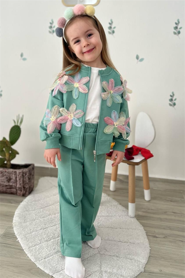 Kız Çocuk 2 İplik Fermuarlı Çiçekli Takım