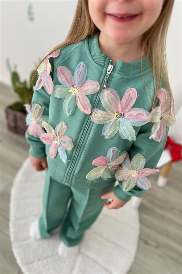 Kız Çocuk 2 İplik Fermuarlı Çiçekli Takım