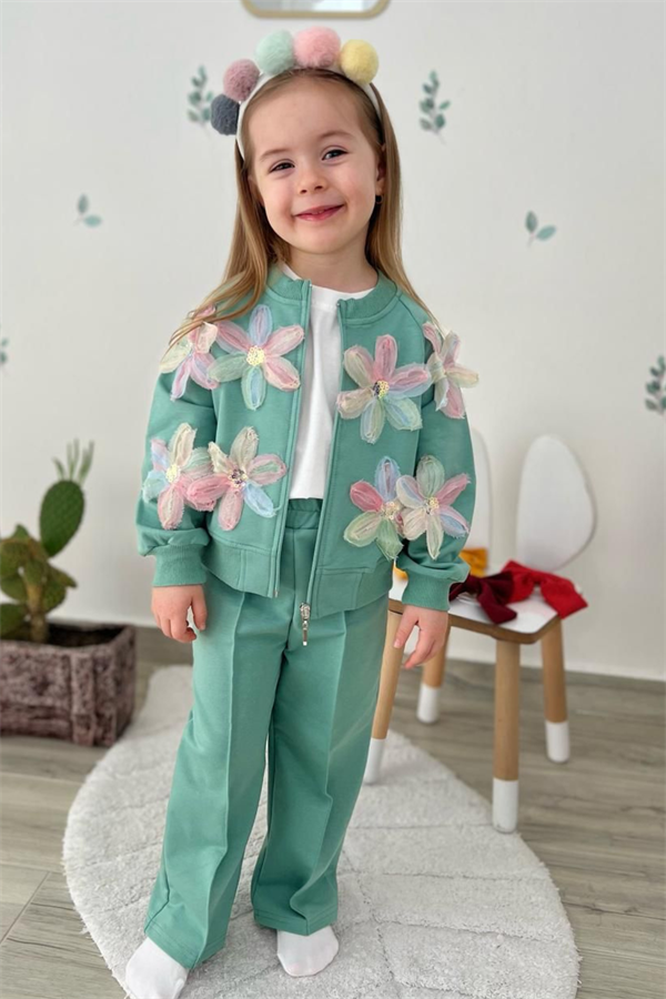 Kız Çocuk 2 İplik Fermuarlı Çiçekli Takım