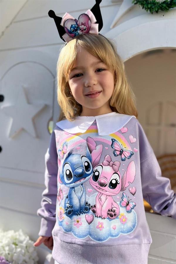 Kız Çocuk 2 İplik Taç Dahil Gömlek Yaka Stitch Lila Takım
