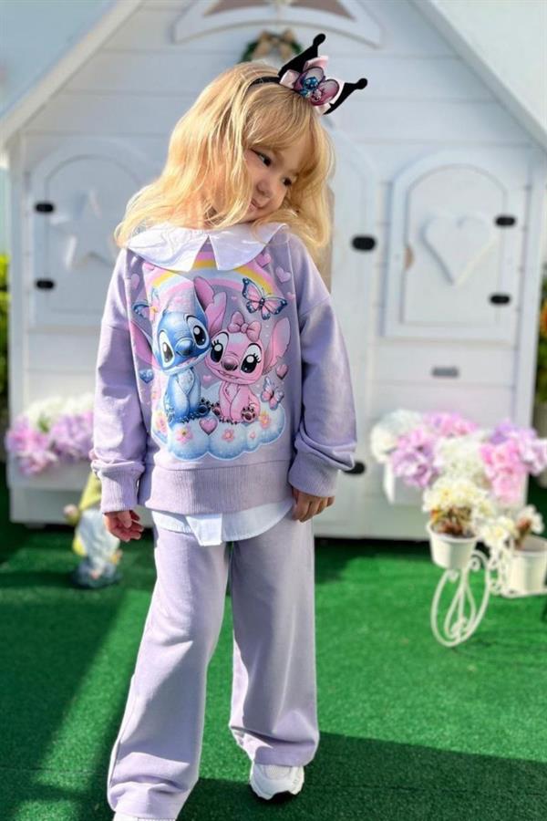 Kız Çocuk 2 İplik Taç Dahil Gömlek Yaka Stitch Lila Takım