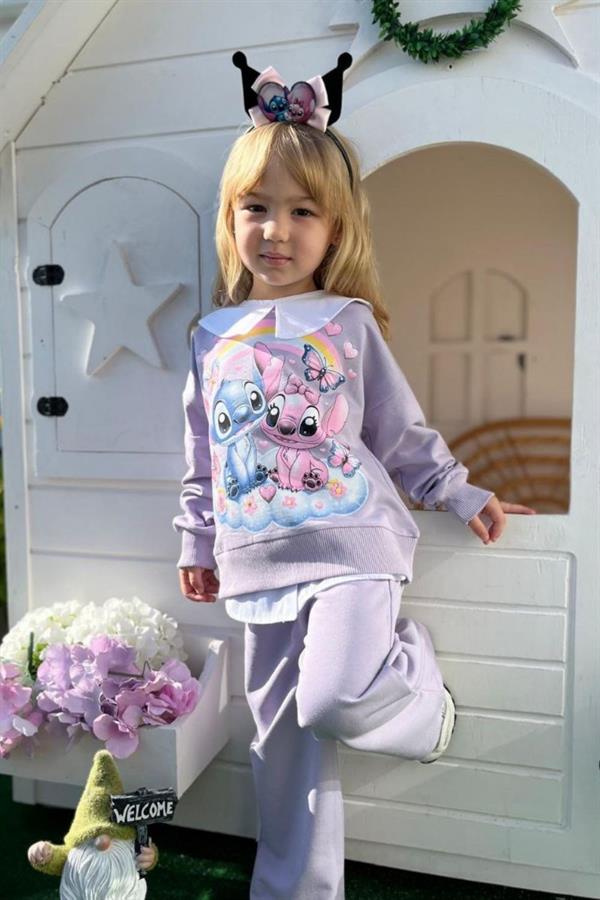 Kız Çocuk 2 İplik Taç Dahil Gömlek Yaka Stitch Lila Takım