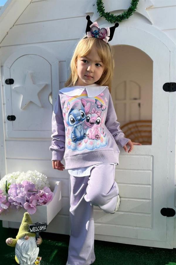 Kız Çocuk 2 İplik Taç Dahil Gömlek Yaka Stitch Lila Takım