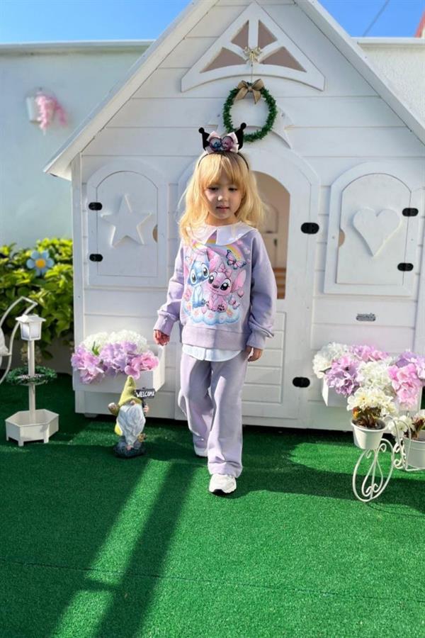 Kız Çocuk 2 İplik Taç Dahil Gömlek Yaka Stitch Lila Takım