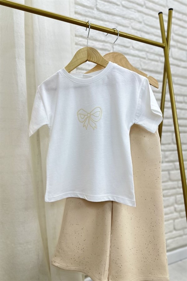 Kız Çocuk 3.lü Tshirt Dahl Simli Bej Takım