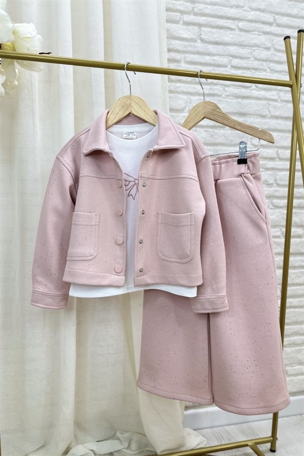 Kız Çocuk 3.lü Tshirt Dahl Simli Pembe Takım
