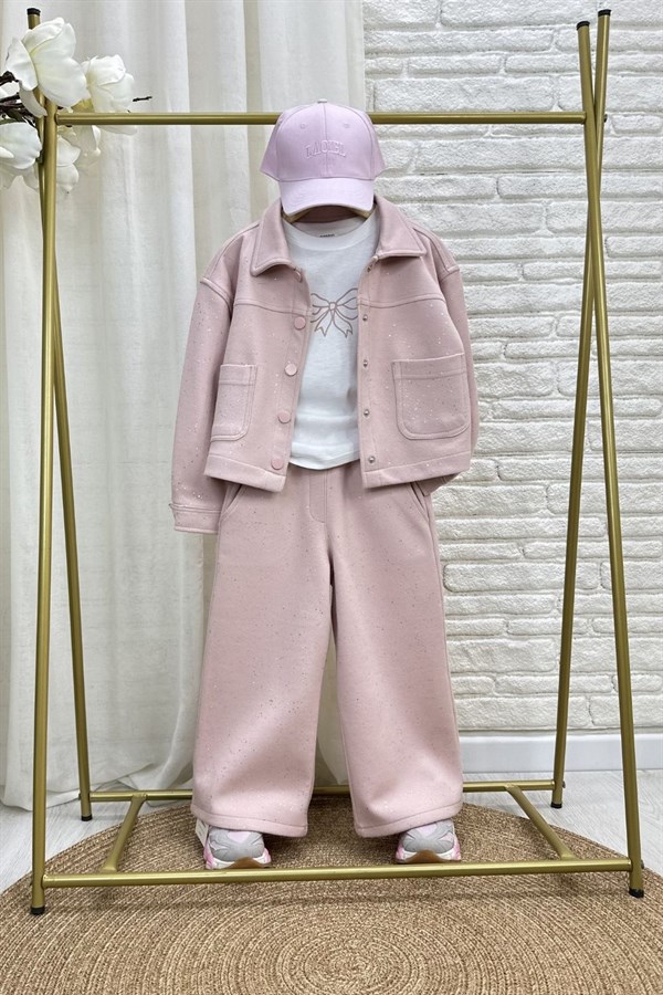 Kız Çocuk 3.lü Tshirt Dahl Simli Pembe Takım
