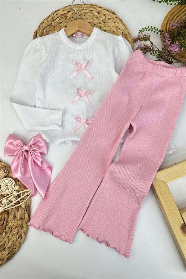 Kız Çocuk 3 Fiyonklu Pembe Tayt Takım