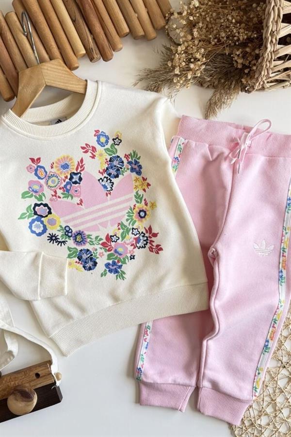 Kız Çoçuk 3 İplik Adids Şeritli Pembe Takım