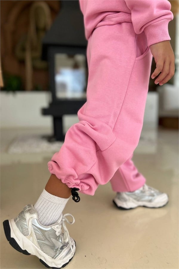 Kız Çocuk 3 İplik Balıkçı Yaka Fermuarlı Pembe Takım
